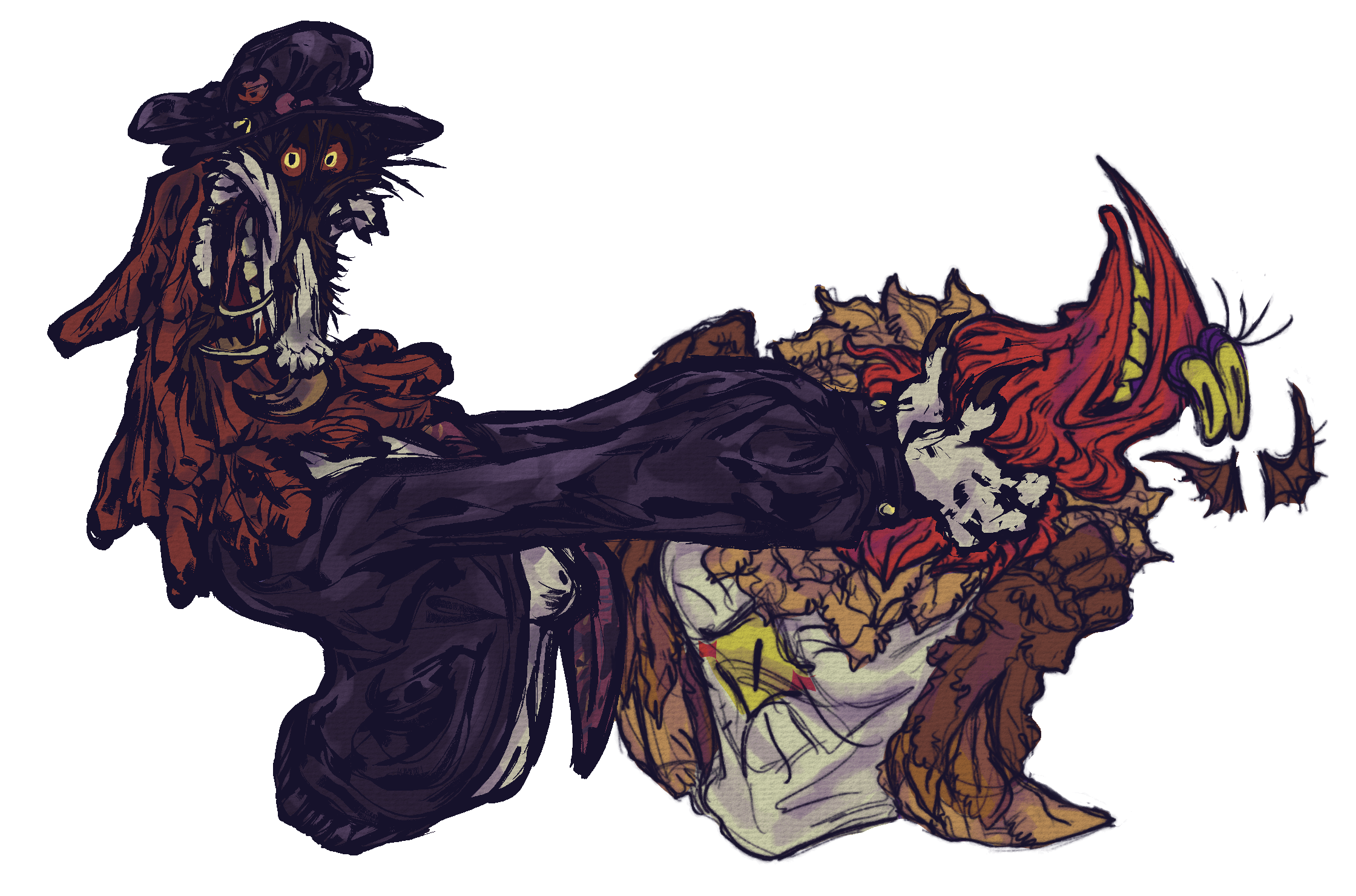 Xavier choking Huh while smiling giddily. Huh has a very shocked and disorientated expression, their head forced back and their hands scrunched up.